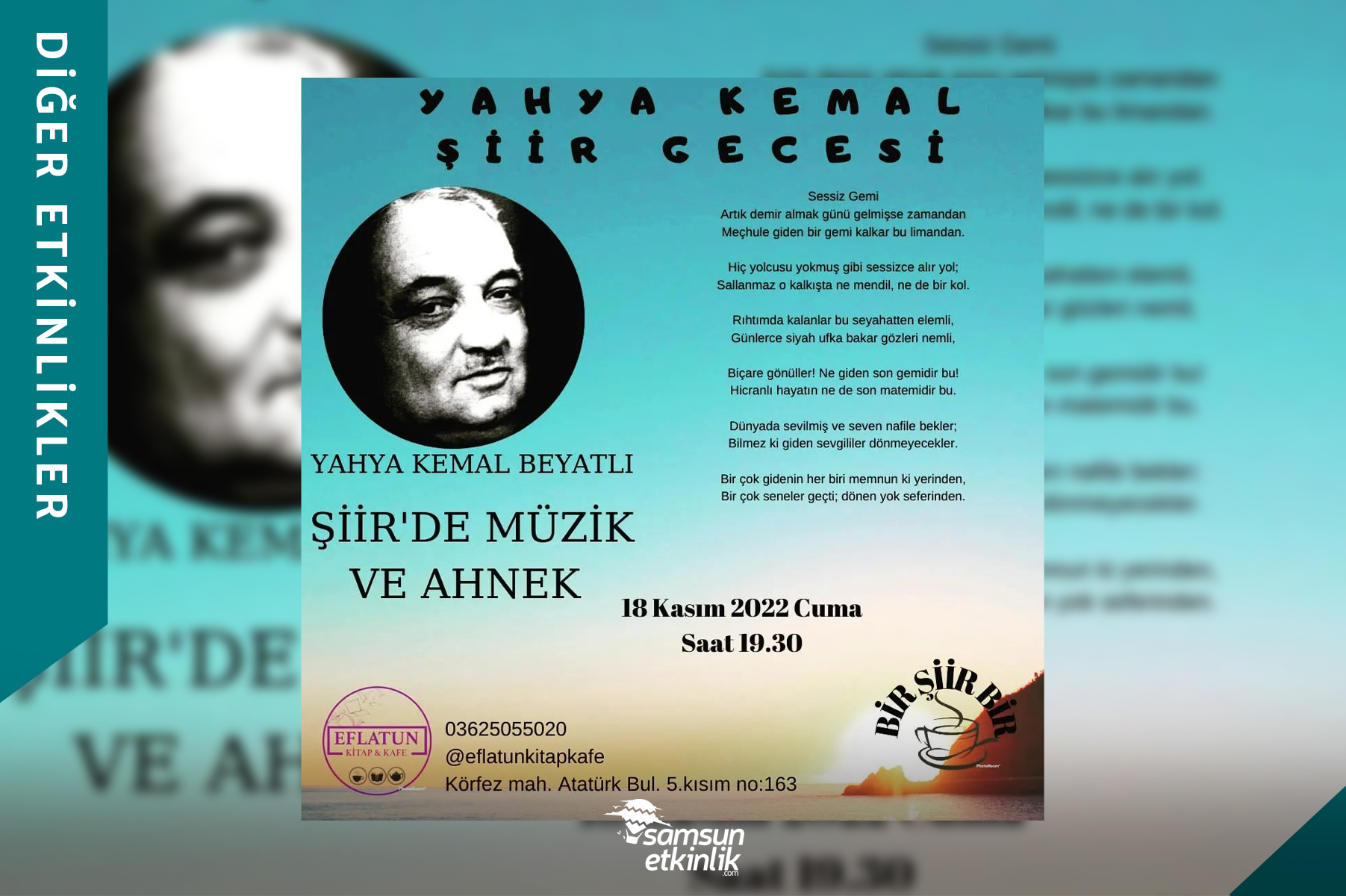 Herkesin kendi şiirleri ile katılabileceği, şiirde ahenk ve müzik temalı “Yahya Kemal Şiir Gecesi” 18 Kasım 2022 Cuma saat 19.30’da Eflatun Kitap & Kafe’de!